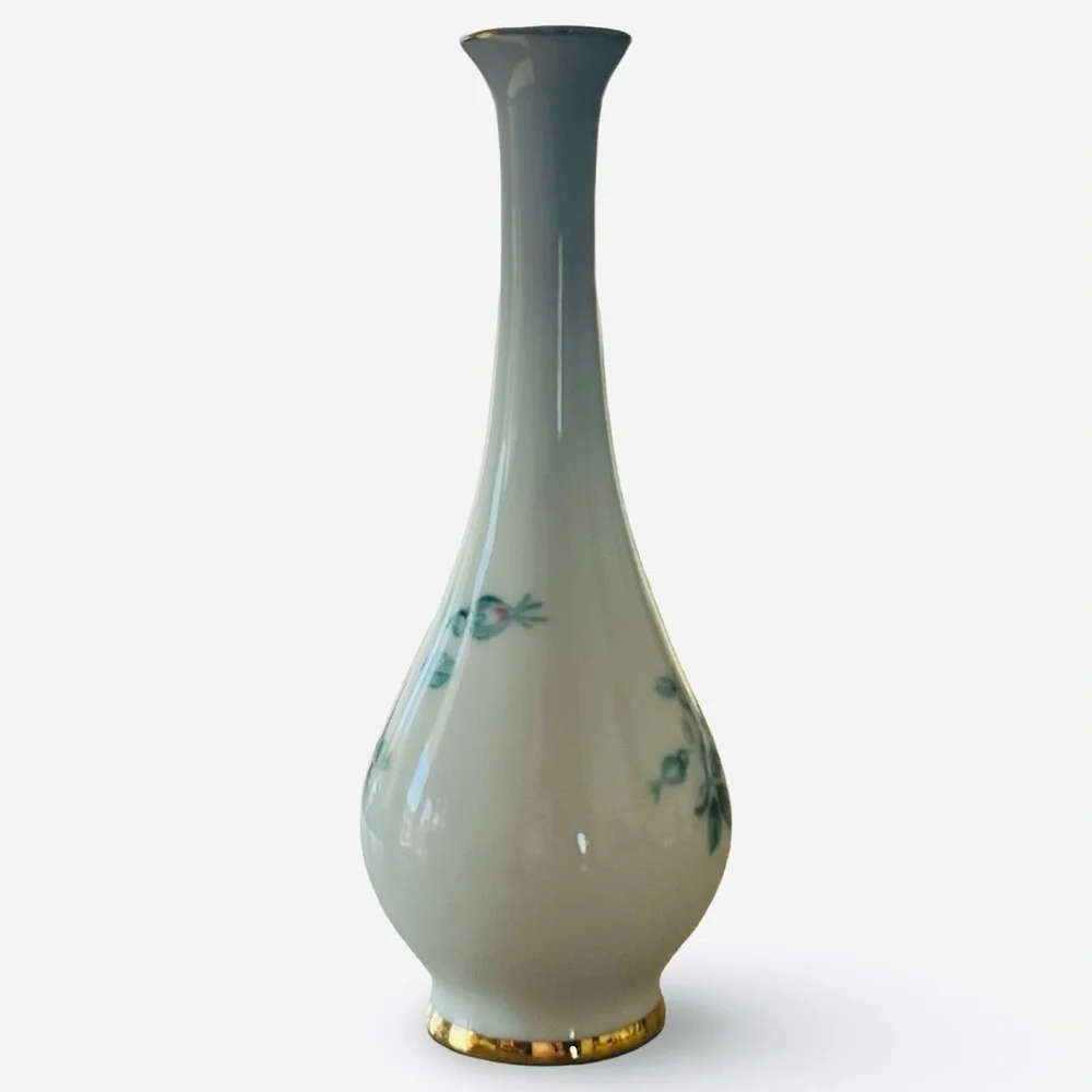 Limoges France Porcelain White Floral Gold Trim Mini Vase Vanity Decor